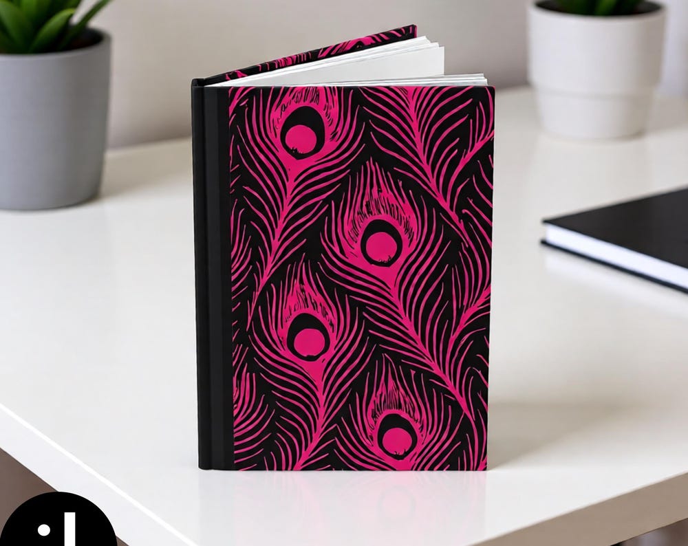Pink and Black Peacock Feather Journal